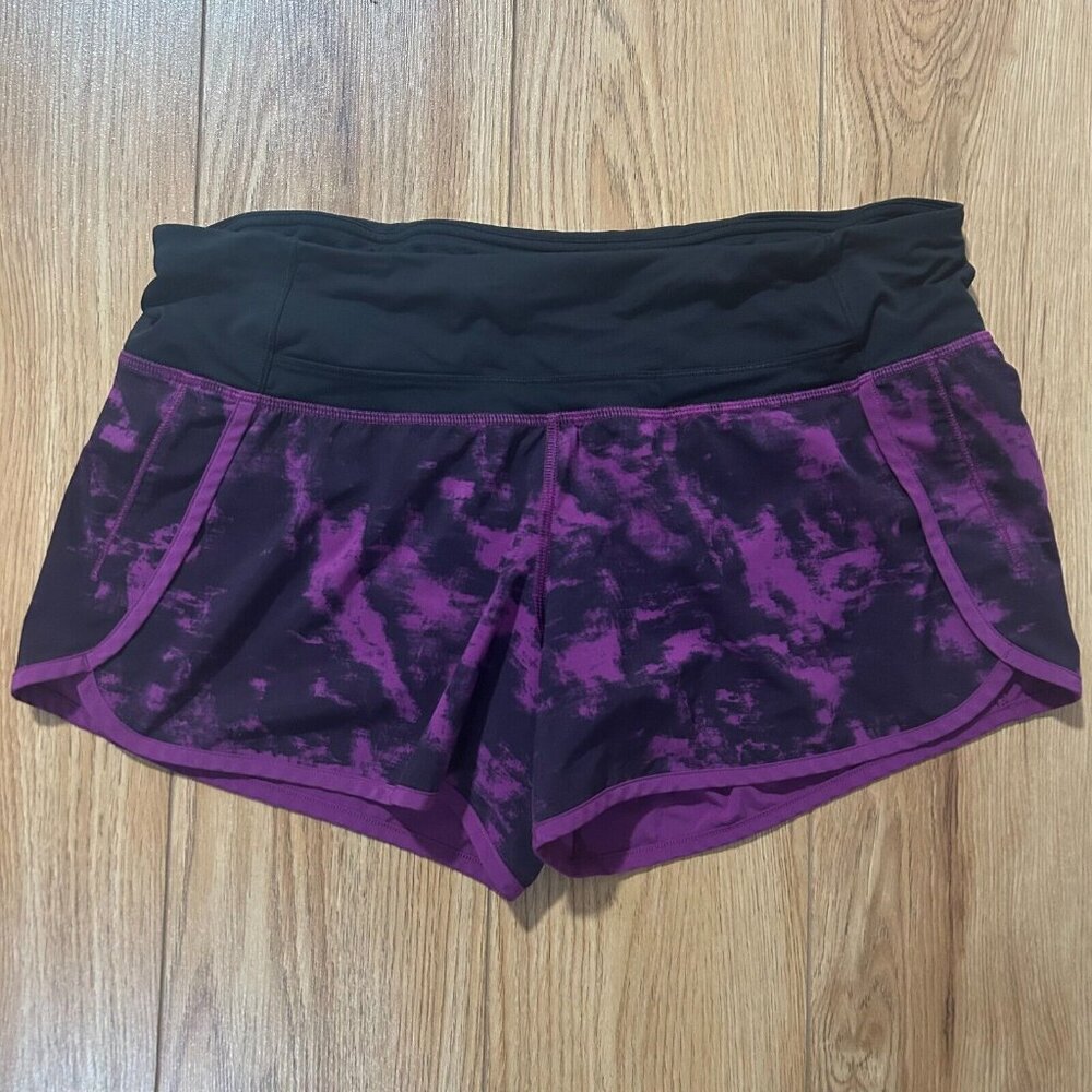 Lululemon Run Times Speed Breezie Shorts Size 8 Purple Black Tie Dye Sporty Run